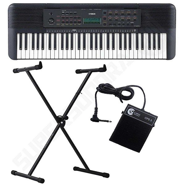 Kit Teclado Musical YAMAHA PSR E273 Preto 61 Teclas + Suporte X + Pedal Sustain + Fonte + Estante de Partituras