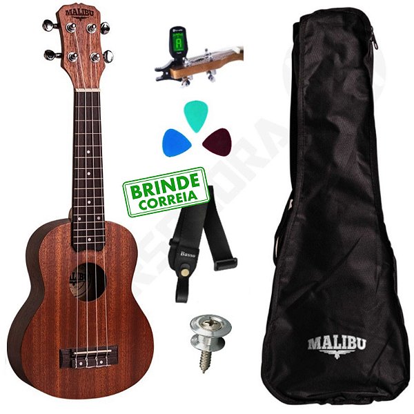 Kit Ukulele Soprano Acústico 21S Sapele Malibu + Capa + Correia + Palhetas + Afinador + Roldana