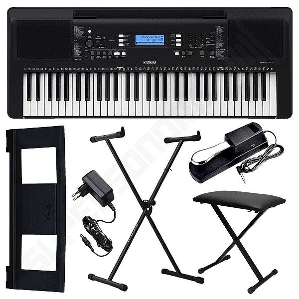 Kit Teclado Musical Arranjador Yamaha PSR E373 61 Teclas + Suporte X + Banqueta X + Pedal Sustain + Suporte de Partitura