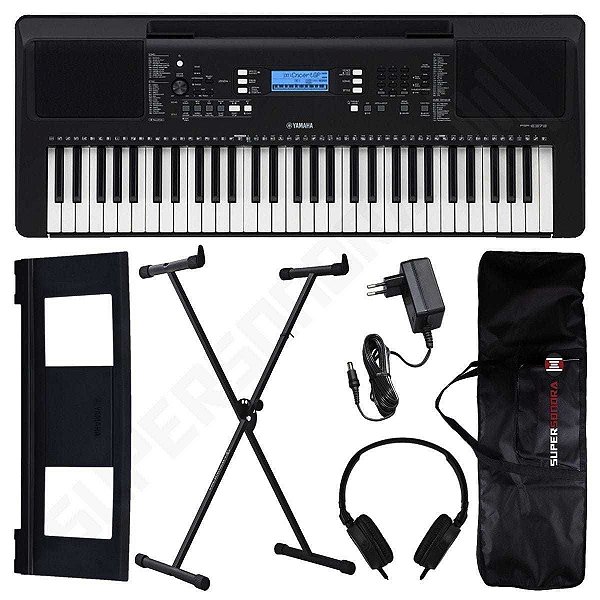 Kit Teclado Musical Arranjador Yamaha PSR E373 61 Teclas + Suporte X + Fone de Ouvido + Capa + Suporte de Partituras