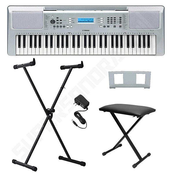 Kit Teclado Musical Arranjador YPT 370 Yamaha Prata 61 Teclas + Suporte X + Banqueta em X