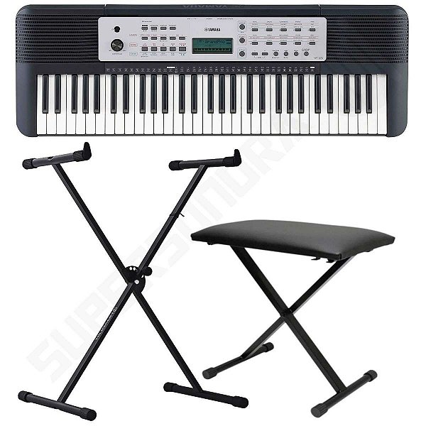 Kit Teclado Musical Arranjador YPT 270 Yamaha 61 Teclas + Suporte em X + Banqueta em X