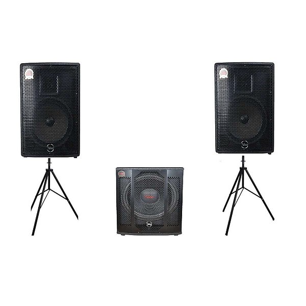 Kit Caixa de Som Leacs Brava 1500 Ativa + Passiva + Subwoofer + Cabos + Tripés