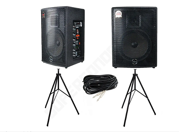 Kit Caixa de Som Leacs Ativa + Passiva Brava 1000 150W RMS + Cabo P10 + Tripés