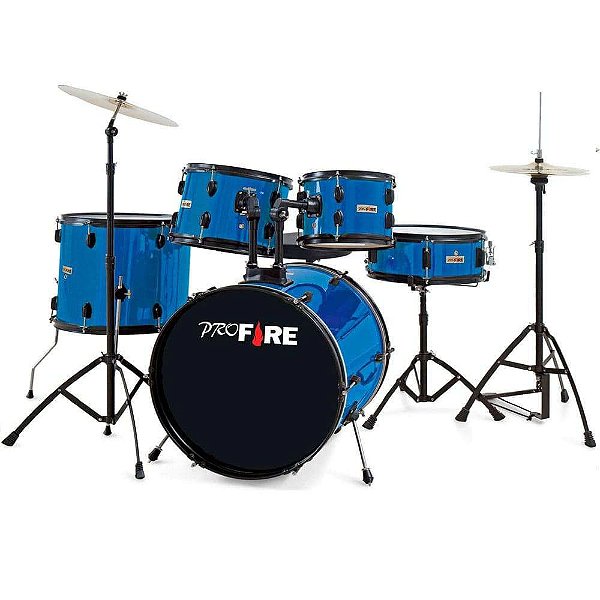 Bateria Acústica Pro Fire Bumbo 20" Azul Ferragens Pretas Completa + Banqueta