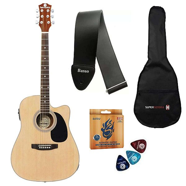 Kit Violão Elétrico Folk Harmonics Natural GE-30 Aço + Capa + Correia + Corda Solez + Palhetas