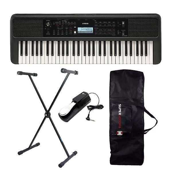 Teclado Yamaha PSR-E383 Preto Arranjador 61 Teclas + Suporte em X + Capa + Pedal