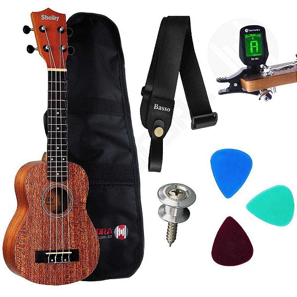 Ukulele SU21M Soprano Shelby + Afinador + Correia Basso + Capa + Palhetas