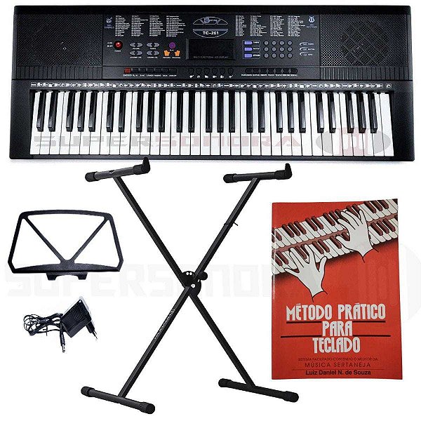 Kit Teclado Musical Estudante Spring Tc 261 61 Teclas + Suporte Em X + Método + Fonte