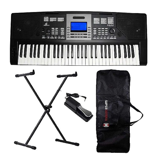 Kit Teclado Musical Pegasus P222 - Ritmos Brasileiros + Suporte em X + Capa + Pedal