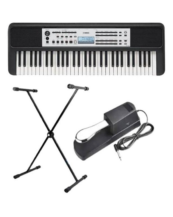 Kit Teclado Yamaha YPT-380 Portátil Preto + Suporte em X + Pedal Sustain