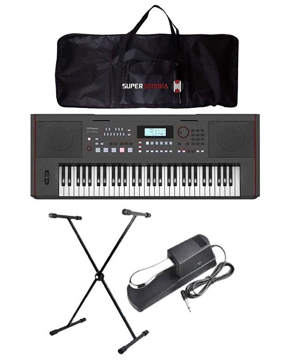 Kit Teclado Roland E-X50 61 Teclas + Capa + Suporte em X + Pedal Sustain