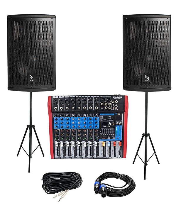 Kit Caixa de Som Ativa + Passiva MK-12 500W RMS Makpro + Mesa de Som MS802 + Tripe + Cabos