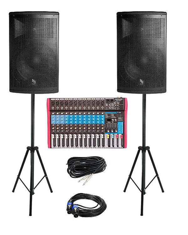 Kit Caixa de Som Ativa + Passiva MK-15 700W RMS Makpro + Mesa Som MS-122 EUX + Tripés + Cabos