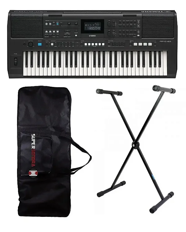 Kit Teclado Yamaha PSR-E483 + Capa + Suporte em X
