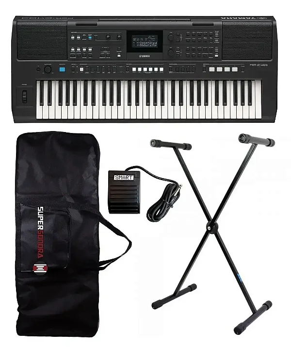 Kit Teclado Yamaha PSRE-483 + Suporte em X + Capa + Pedal Sustain