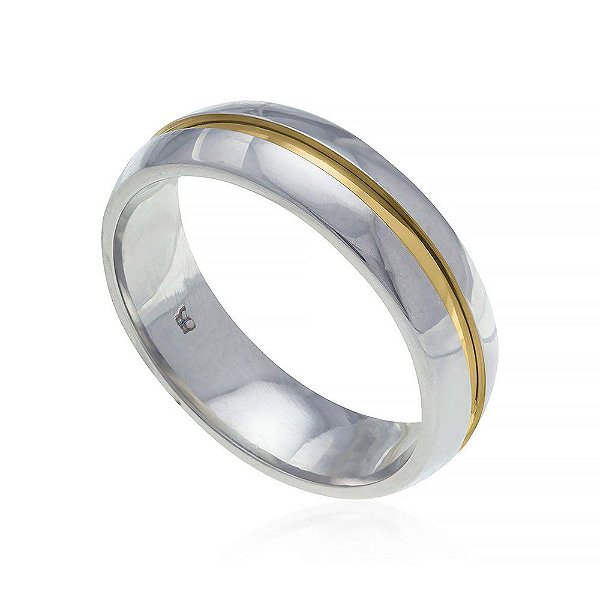 Aliança Rommanel Em Aço  Com Aplique De Ouro 18 K -  Anatômica 5Mm