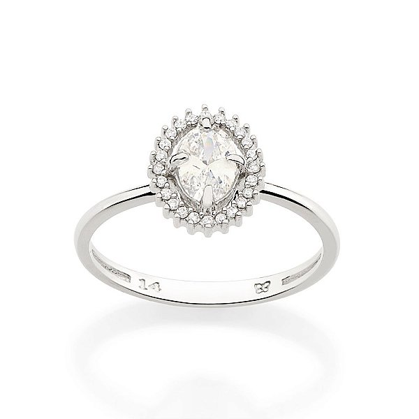 Anel Rommanel Solitário Oval Cravejado Por 24 Zircônias De 0,80 Mm E 1 Zircônia Oval De 4X6 Mm Ao Centro