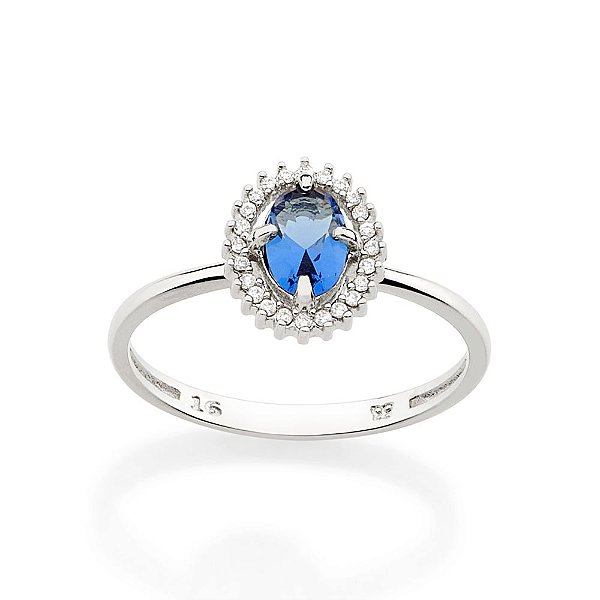 Anel Rommanel Solitário Oval Cravejado Por 24 Zircônias De 0,80 Mm E 1 Zircônia Oval De 4X6 Mm Ao Centro