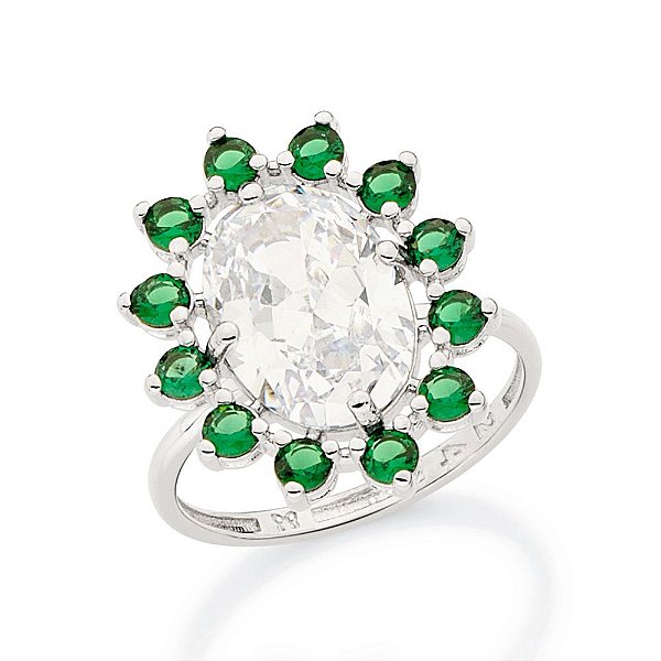 Anel Rommanel Oval Cravejado Por 12 Zircônias De 3,0 Mm E 1 Zircônia Oval De 10X14 Mm Ao Centro