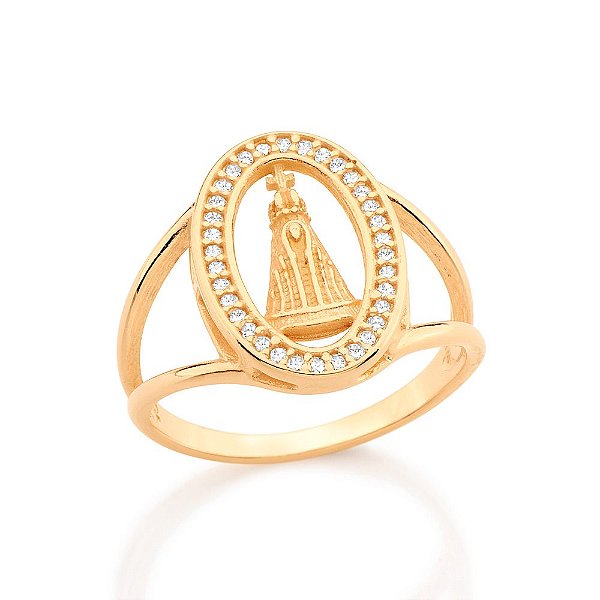 Anel Rommanel Com Laterais Vazadas Tendo Parte Superior Oval Com 34 Ziircônias De 1,00Mm E Imagem Da Nossa Senhora Apare
