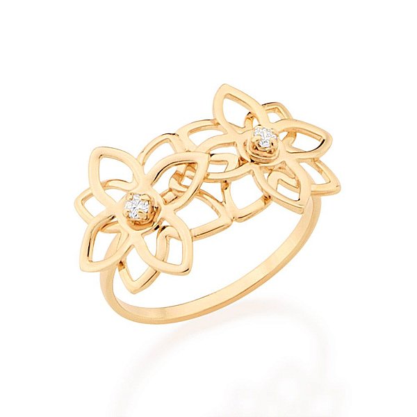 Anel Rommanel "Skinny Ring" Com Detalhes De Flores Na Parte Superior Tendo 2 Zircônias Redondas De 1,25Mm
