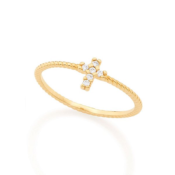Anel Rommanel Skinny Ring Com Aro Trabalhado Tendo Detalhe No Formato 'Cruz' Cravejado Com 06 Zircônias De 1,25Mm(Joia L