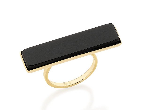 Anel Rommanel Aro Fino Composto Por Peça Retangular Com Pedra Preta De 8X34Mm