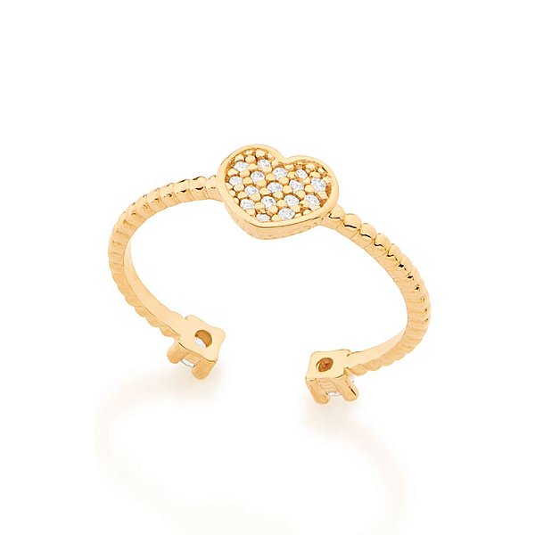 Anel Rommanel Skinny Ring Com Aro Ajustável, Trabalhado Com 2 Zircônias De 2,25Mm Uma Em Cada Ponta, Tendo "Coração" Ao