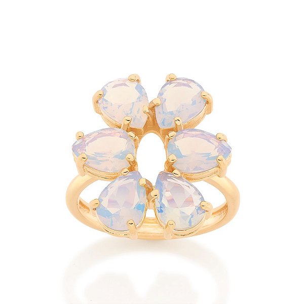 Anel Rommanel Com Flor Estilizada, Composta Por 6 Cristais Gotas Opalina De 6X8 Mm(Joia Licenciada Coleção Ana Hickmann