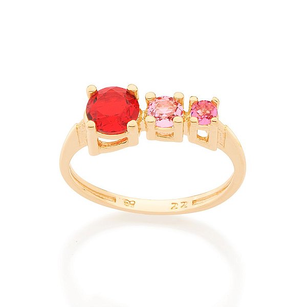 Anel Rommanel Composto Por 1 Cristal De 6,0 Mm (Vermelho), 1 Cristal De 4,0 Mm (Rosa Claro) E 1 Cristal De 3,0 Mm (Rosa)
