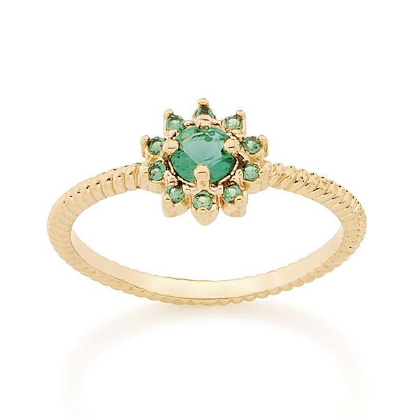 Anel Rommanel Skinny Ring Com Aro Trabalhado,Formado Por 'Flor' Cravejada Por 10 Zircônias De 1,25Mm Ao Redor E 1 Zircôn