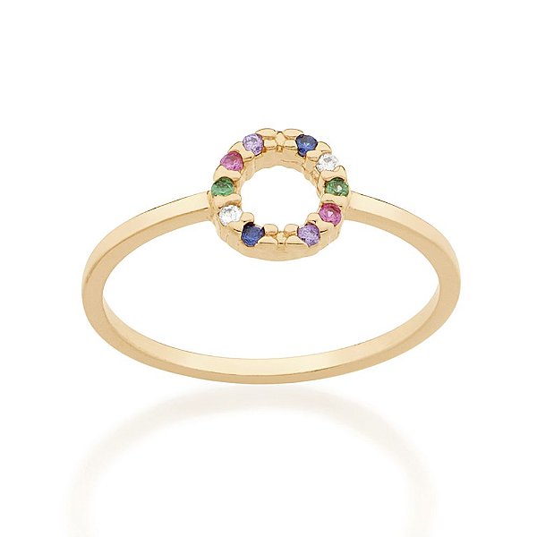 Anel Rommanel Skinny Ring Com Círculo Vazado Colorido, Cravejada Por 10 Zircônias De 1,25 M
