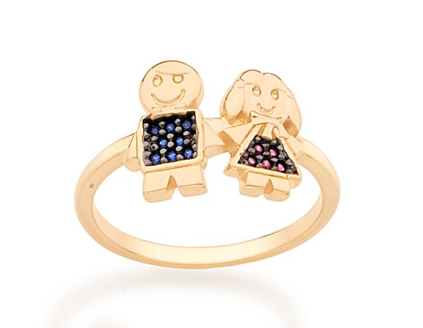 Anel Rommanel  Menino E Uma Menina, Cravejados Por 13 Zircônias De 1,0 Mm, Com Aplicação De Rhodium Negro