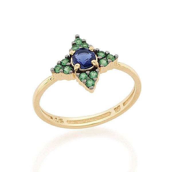 Anel Rommanel Azul E Verde Com  13 Zircônias De 1,50 Mm E 1 Zircônia De 4,00 Mm Ao Centro, Com Aplicação De Rhodium Negr