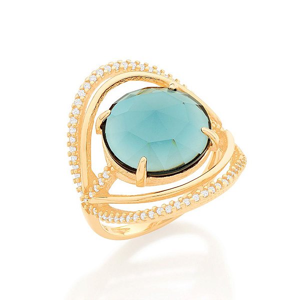 Maxi Anel Rommanel Com 1 Cristal Redondo De 14Mm Ao Centro Com 2 Aros Lisos E 2 Aros Cravejados Por 74 Zircônias De 1,0