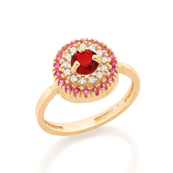 Anel Rommanel  Redondo, Composto Por 32 Zircônias  De 1,25 Mm E 1 Cristal Vermelho De 5,0 Mm Ao Centro(Joia Licenciada C
