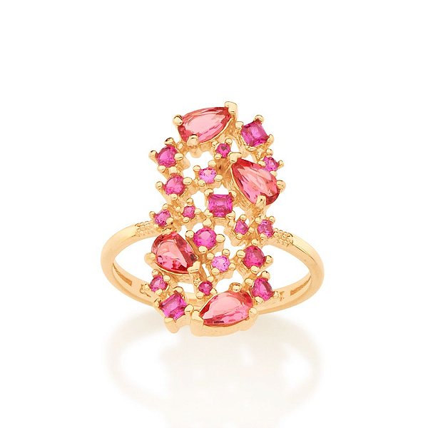 Anel Rommanel Cravejado Por 4 Cristais Gota De 3X5 Mm, 3 Zircônias Carrês De 2X2 Mm, 5 Zircônias De 2,0 Mm, 6 Zircônias