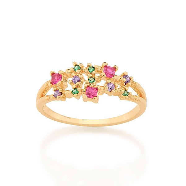 Anel Rommanel Composto Por 3 Zircônias Carrês De 2X2 Mm, 4 Zircônias De 1,50 Mm E 5 Zircônias De 1,25 Mm(Joia Licenciada