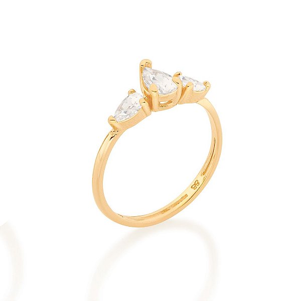 Anel Rommanel Composto Por 2 Zircônias Gota De 3X5 Mm E 1 Zircônia Gota De 5X7 Mm Ao Centro(Joia Licenciada Coleção Cáps