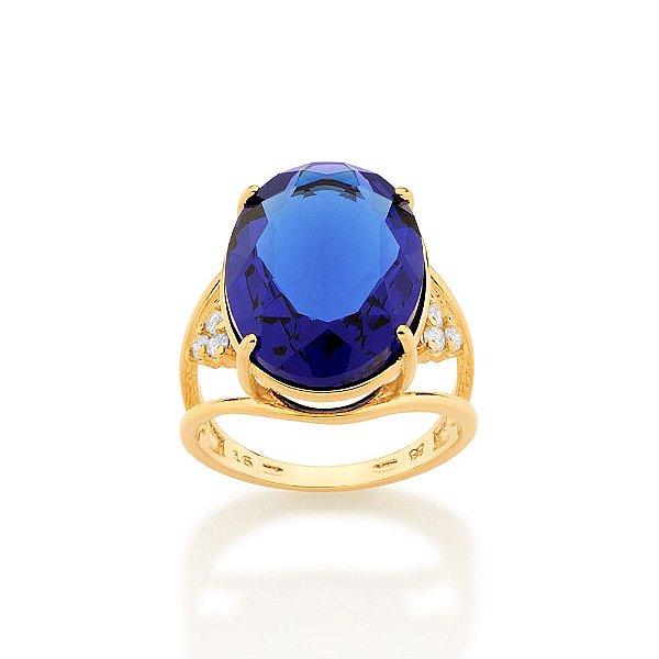 Maxi Anel Rommanel Com Laterais Vazadas E Cravejadas 6 Zircônias De 1,75 Mm, Com 1 Cristal Oval De 13X18 Mm Ao Centro