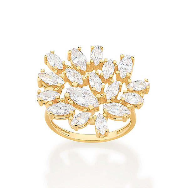 Maxi Anel Rommanel Luxo Cravejado Por 11 Zircônias Navetes De 2,5X5 Mm, 5 Zircônias Navetes De 3X6 Mm E 1 Zircônia Navet