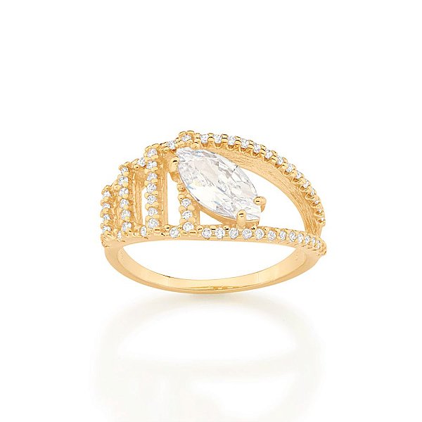 Anel Rommanel Cravejado Por 58  Zircônias De 1,0 Mm E 1 Zircônia Navete De 5X10 Mm