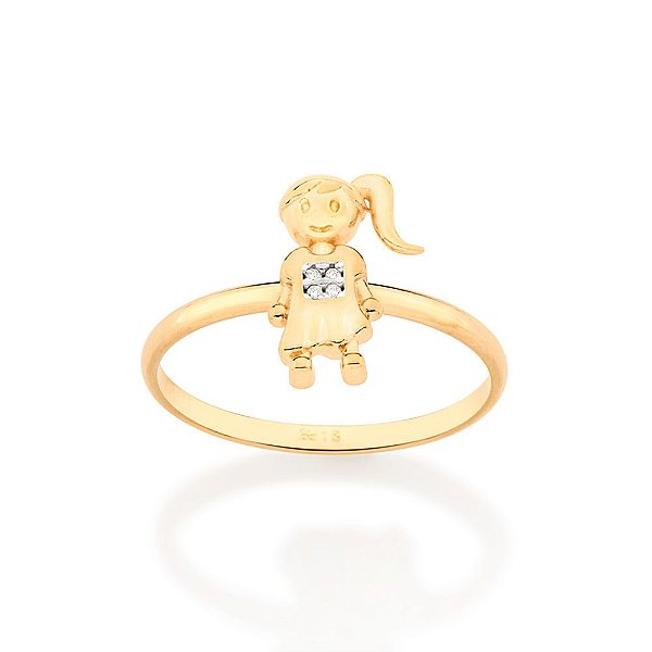 Anel Rommanel Menina Formado Por Vestido Cravejado Por 4 Zircônias De 0,80 Mm, Com Aplicação De Rhodium
