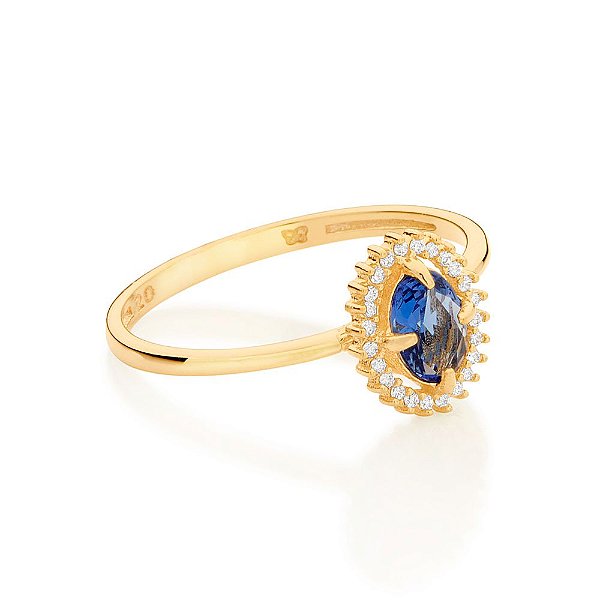 Anel Rommanel Solitário Oval Cravejado Por 24 Zircônias De 0,80 Mm E 1 Zircônia Oval De 4X6 Mm Ao Centro