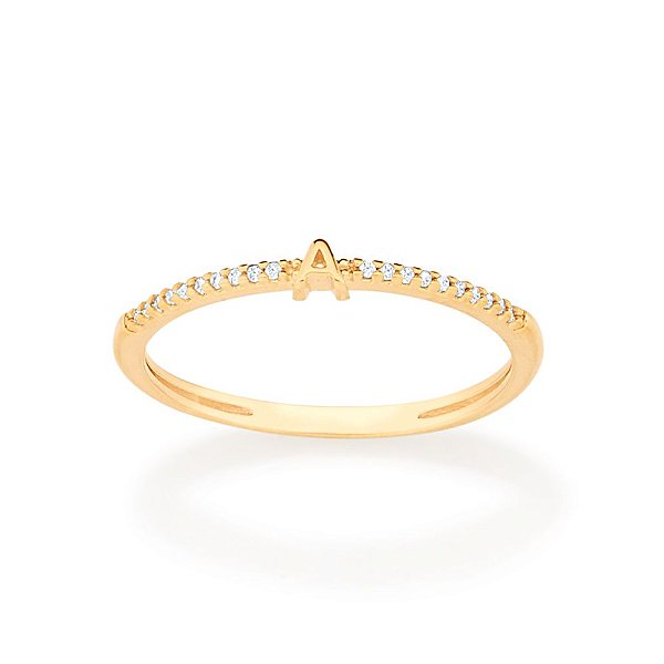 Anel Rommanel Skinny Ring Cravejado Por 20 Zircônias De 0,80 Mm, Com Letra Ao Centro