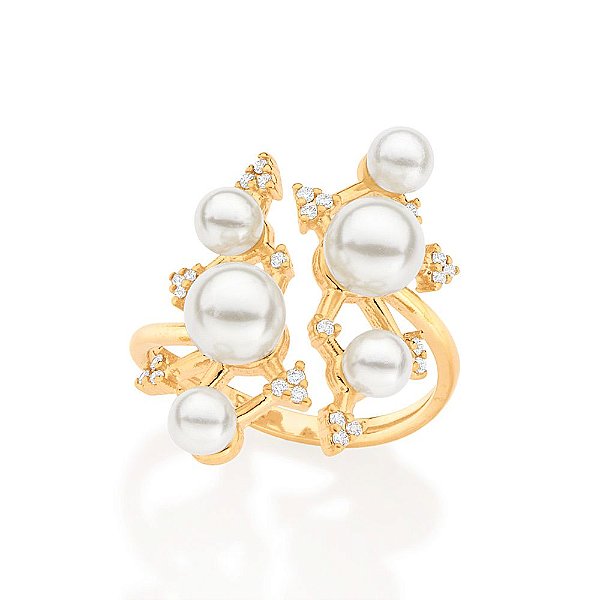 Anel Cravejado Por 28 Zircônias De 1,0 Mm, Com 4 Pérolas Sintéticas De 4,0 Mm E 2 Pérolas Sintéticas De 6,0 Mm,