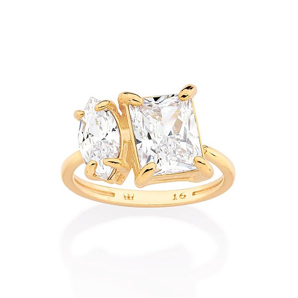Anel Cravejado Por 1 Zircônia Retangular De 7 X9 Mm E 1 Zircônia Navete De 5X10 Mm,