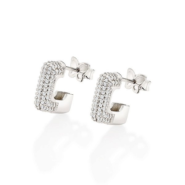 Brinco Meia Argola Quadrada Cravejada Por 158 Zircônias De 0,80 Mm (Par) Med 1,2 Cm X  0,30 Cm (Joia Licen  Coleção Ana
