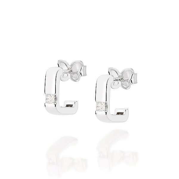 Brinco Rommanel Meia Argola Quadrada, Composta Por 2 Zircônias Carrês De 2X2 Mm (Par) Med 1,0 Cm X 1,0 Cm(Joia Licenciad
